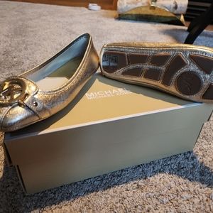 NEW MICHAEL KORS FULTON MOC NATURAL FABRIC BALLET FLAT SHOES GOLD SIZE 5.5